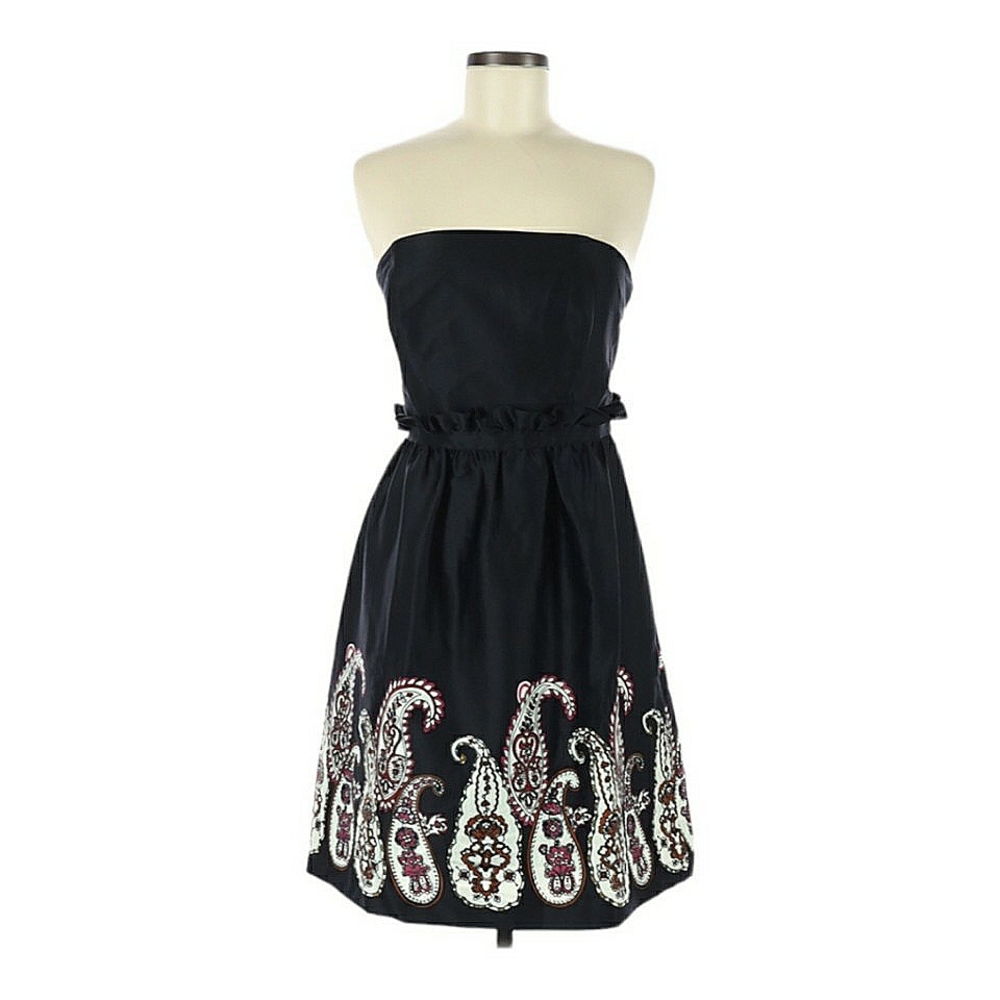 Kensie Cocktail Dress Size M Black Paisley Design Strapless Ruffle Waist‎ Zipper